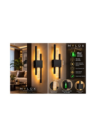 Mylüx Kabarcıklı Kirpi Aplik Siyah Pilli Kablosuz 9w Led 50 Cm Modern Duvar Apliği Siyah Siyah
