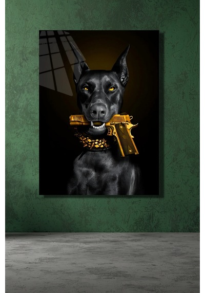 Doberman Ve Silah Cam Tablo Sanatsal Duvar Dekoru Canlı Renkli Baskı Salon Ve Oturma Odası Sevdiklerinize Hediyelik Dayanıklı Cam Yapı