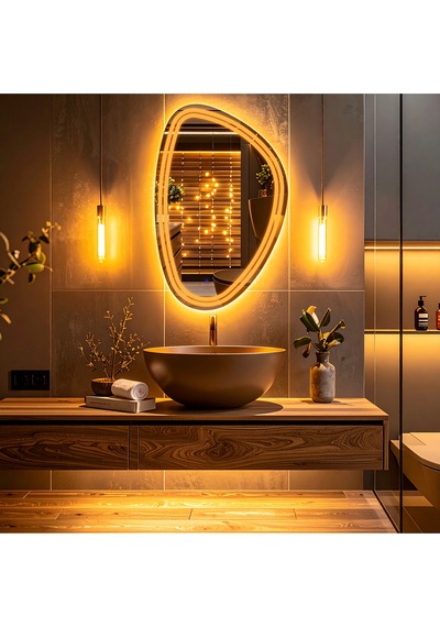Elan Asym Amber Led'li Kumlamalı Lavabo & Banyo Aynası Dokunmatik Sensörlü 100 X 65 Cm Turuncu