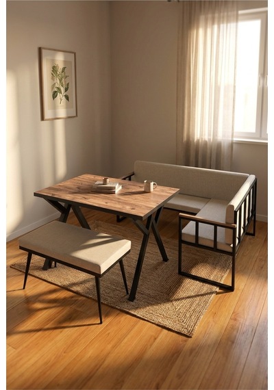 Koza Mutfak Köşesi Takımı Masa + L Bank + Bank, Minderli, Modern Bej