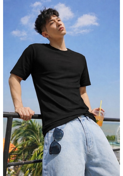 Tarz Cool Erkek Jakarlı Oversize Tişört Bisiklet Yaka Rahat Kalıp Yazlık Basic T-shirt Siyah