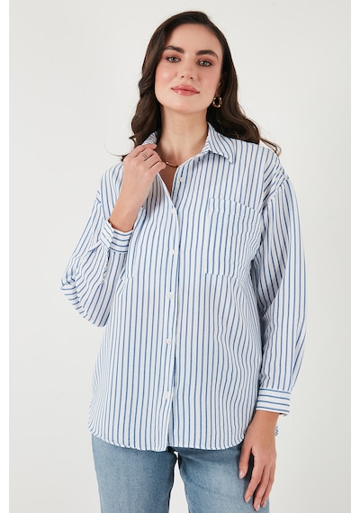 Lela Regular Fit Uzun Kollu Çizgili Bayan Gömlek 6772875 Indigo
