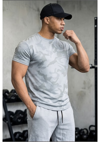 Serablanka Erkek Nem Emici Hızlı Kuruma Atletik Teknik Kamuflaj Desenli Spor T-shirt Gri