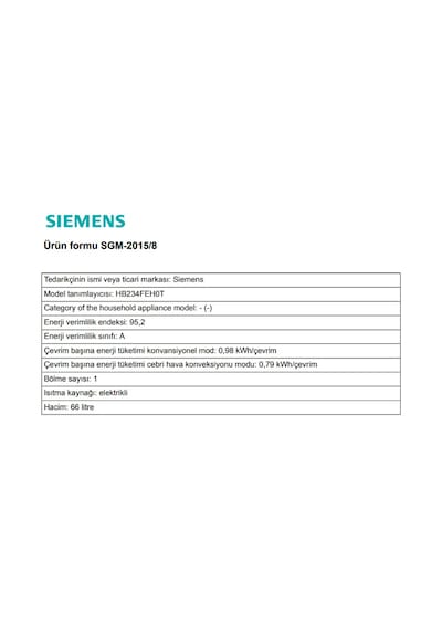 Siemens HB234FEH0T 66 LT Ankastre Fırın