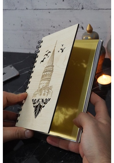 Galata Kulesi Desen Ahşap Defter-spiralli - Günlük - Çizgisiz Defter Ahşap Rengi Banu A5 Notebook
