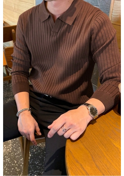 Cool Tarz Erkek Polo Yaka Triko Kazak Slim Fit Fitilli Kahverengi