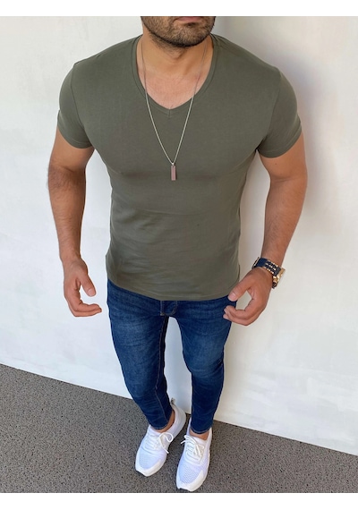 Modefendi Slim Fit Pamuk Likra Basic V Yaka Tshırt Haki