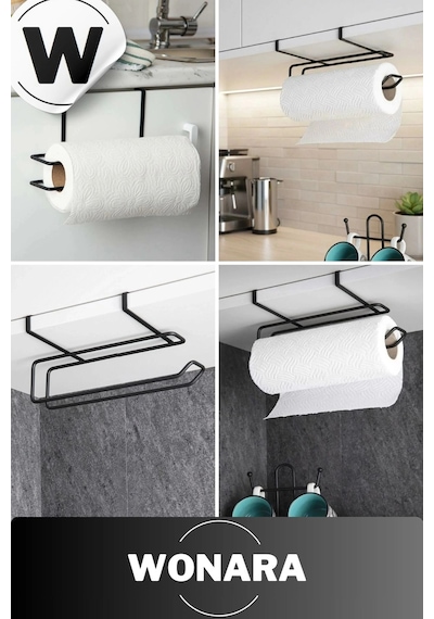 Dayanıklı İz Bırakmayan Kolay Takılan Mutfak Banyo Metal Siyah Dolap İçi Kağıt Havluluk Askı Siyah
