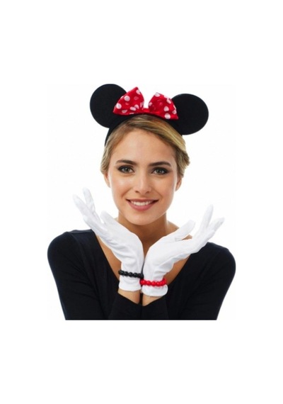 Kırmızı Fiyonklu Minnie Mouse Tacı Ve Beyaz Eldiven Seti Yetişkin