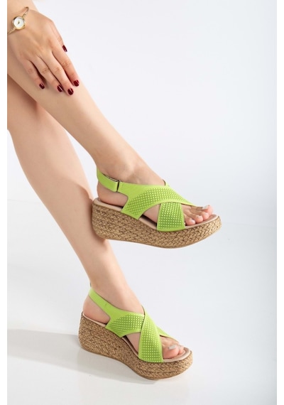 Analin Shoes Kadın Hakiki Deri Çapraz Bantlı Cırtlı Sandalet Fıstık Yeşili