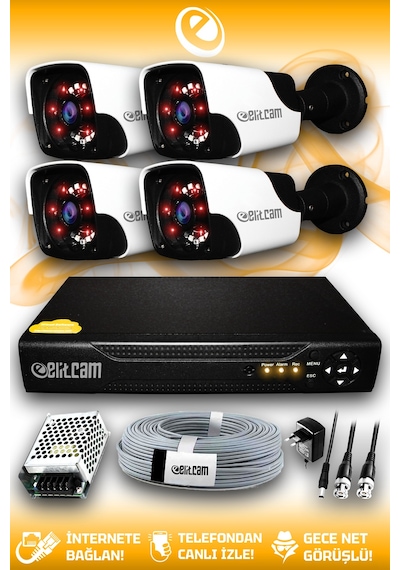 Elitcam 4 Kameralı Panda 4 Dış Kamera Set HDD'siz Full HD Gece Görüşlü Güvenlik Kamerası Sistemi
