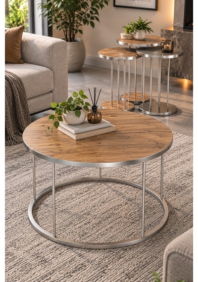 Sulorahome Ceviz Desenli Kahverengi 4'lü Sehpa Seti Gümüş Metal Ayaklı