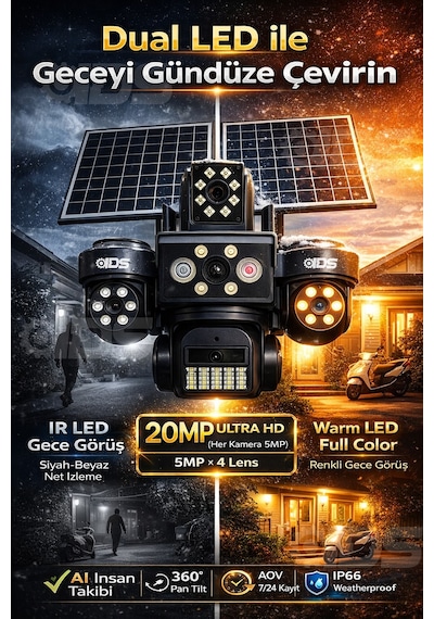 4 Lens 20mp 4g Güneş Enerjili Güvenlik Kamerası Sim Kartlı 128gb Sd Kart Ve 600gb İnternet