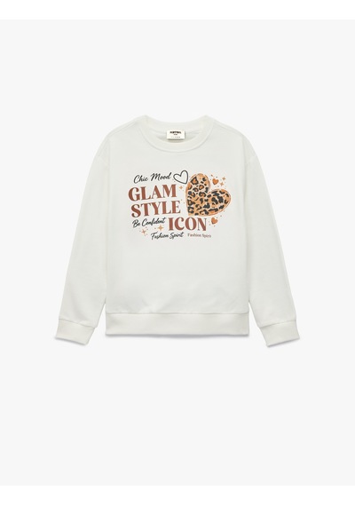 Koton Uzun Kollu Bisiklet Yaka Kalp Baskılı Sweatshirt Ekru 7wkg10249ak