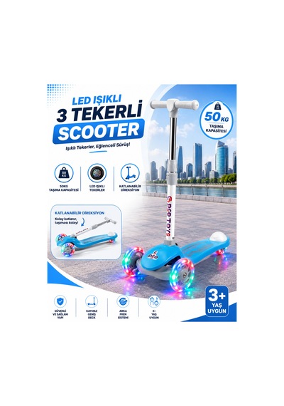 Gtpro Çocuk Scooter Katlanabilir 3+yaş 3tekerli Led Işıklı 50kğ Kapasite Turkuaz