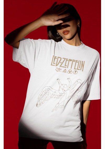 Sevbano Tasarım Led Zeppelin Rock Metal Müzik Grubu Baskılı Unisex Oversi Beyaz