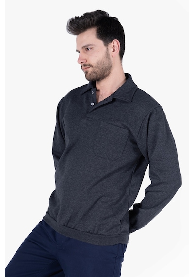 İki İplik Polo Yaka Cepli Sweatshirt Antrasit Melanj