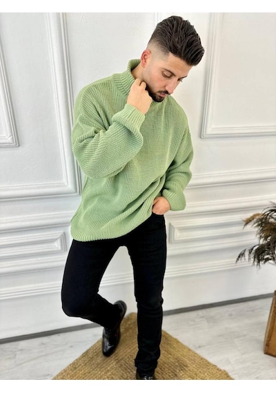 Elku Moda Boğazlı Erkek Kazak Oversize Balıkçı Yaka Geniş Salaş Triko Kazak Yeşil