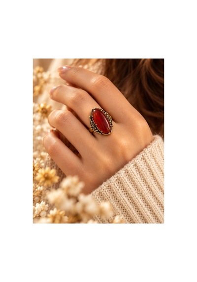 Esoo Jewelry Vintage Tasarım Bordo Doğal Taşlı Ayarlanabilir Kadın Yüzük - Antik Gold Görünümlü