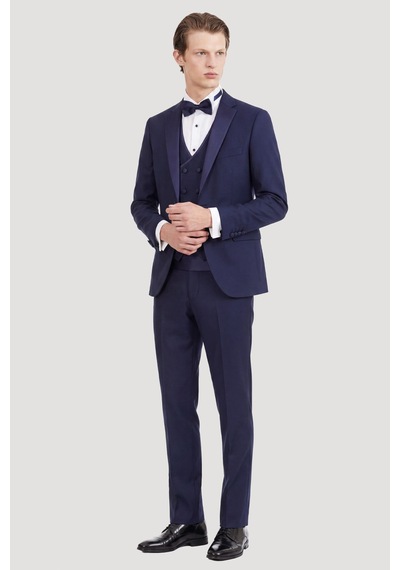 Ac&Co / Altınyıldız Classics Erkek Lacivert Slim Fit Dar Kesim Mono Yaka Desenli Yelekli Smokin Takım Lacivert