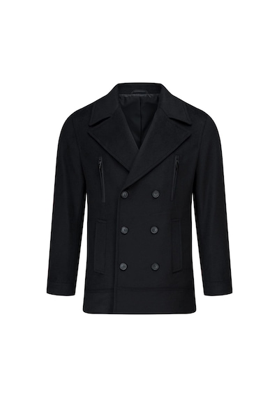 Hatemoğlu Siyah Slim Fit Kruvaze Yünlü Kaşe Kaban