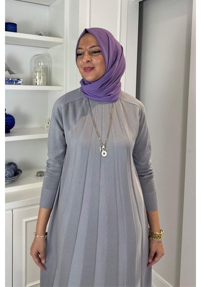 Rabia Şamlı Beyza Fitilli Triko Elbise Gri Normal