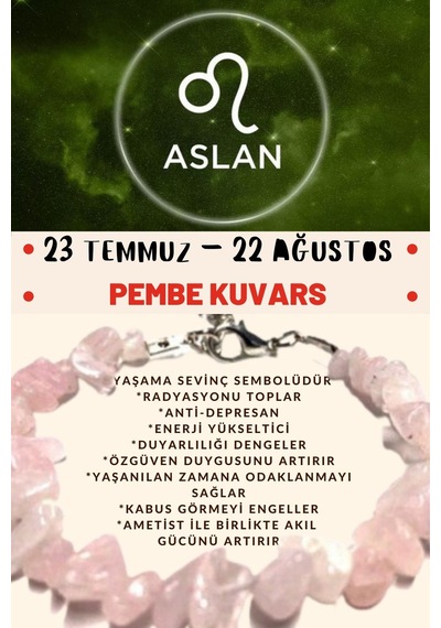 Gümüştel El Sanatları Sertifikalı Burç Taşı Aslan Burcu Pembe Kuvars Taşı Bileklik Pembe