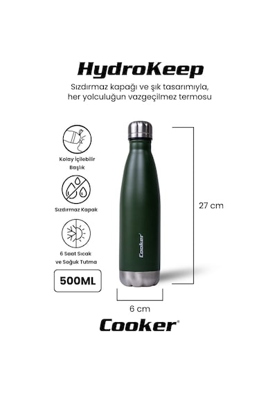 Cooker Hydrokeep 500 Ml Paslanmaz Çelik Şişe Termos Ckr2071 Haki
