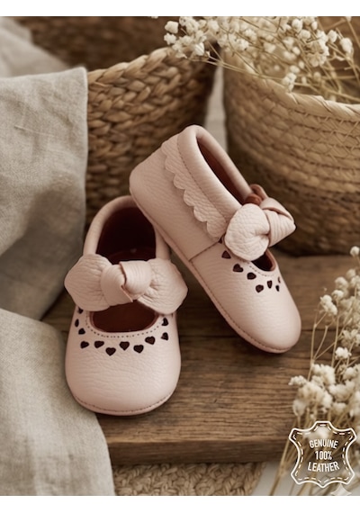 Denokids Kız Bebek Patik Hakiki Deri Pembe Yumuşak Taban Ayakkabı 17-21 Numara Renkli