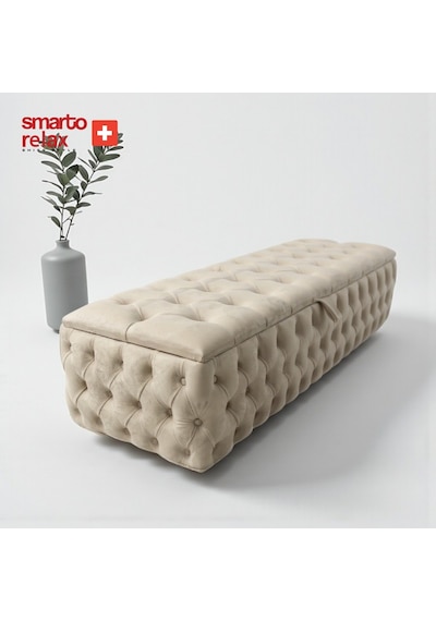 Smarto Relax Swiss Style Saas-fee Sandıklı Baby Face Puf, Kapitoneli Sandıklı, 100x45x45 Cm, Babyface Kaplama Dekoratif Puf Bej