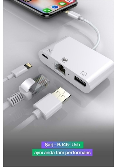 Lightning Otg Dönüştürücü Ethernet Rj45 + Usb Adaptör Apple Uyumlu iPhone Lightning İnternet Dönüştürücü