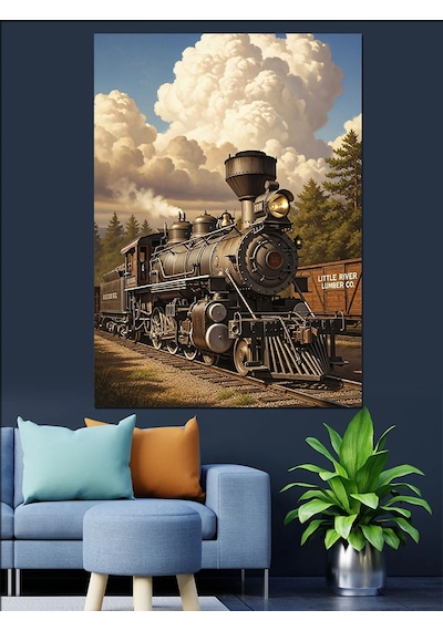 Ahşap Tablo Eski Buharlı Tren Lokomotif