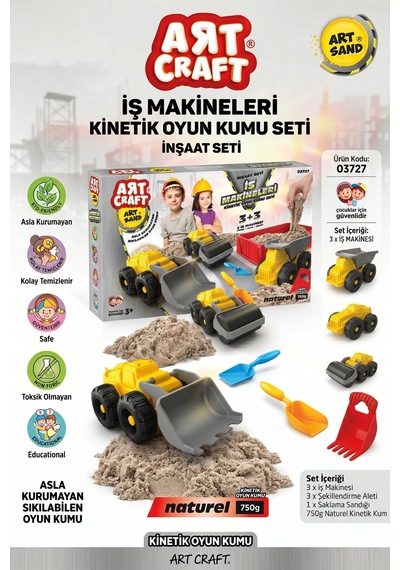 Art Craft 750 Gr Naturel Kinetik Oyun Kumu İş Makineleri İnşaat Seti Eğitici Oyuncak 3+ Yaş Çok Renkli
