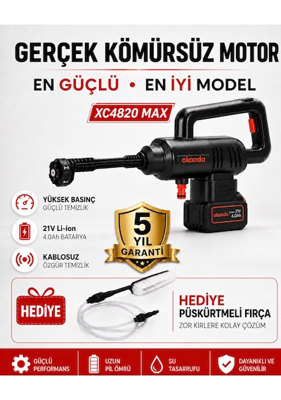 Okaoda 4820 Fırçasız Motor Çift Pil Şarjlı Yüksek Basınç Oto Araba Yıkama Ve Bahçe Temiz Makinesi 90 Bar