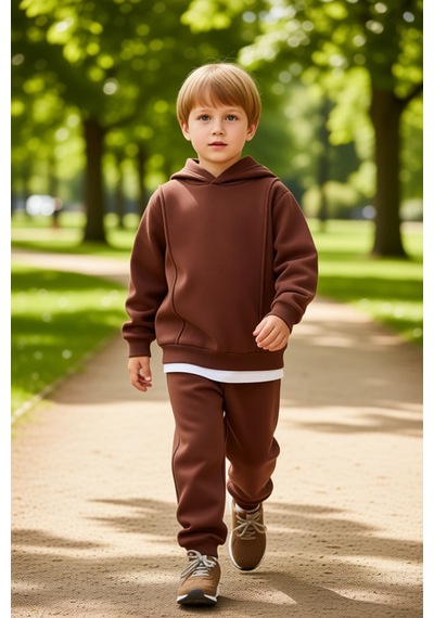 Ersefa Erkek Çocuk İki Parçalı Kapüşonlu Sweatshirt Ve Eşofman Takımı Gü Kahverengi