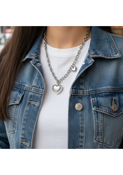 Lente Aksesuar Silver Renk Bombeli Sedefli Kalp Kolye Silver
