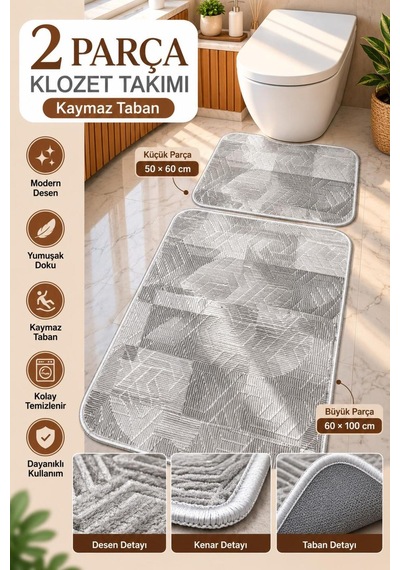 Slc Home Lüx Banyo Seti / Klozet Takımı Kaydırmaz Taban 2 Parça 50cmx60cm Ve 60cmx100cm Makinada Yıkanabilir Gri - 939960422 Gri