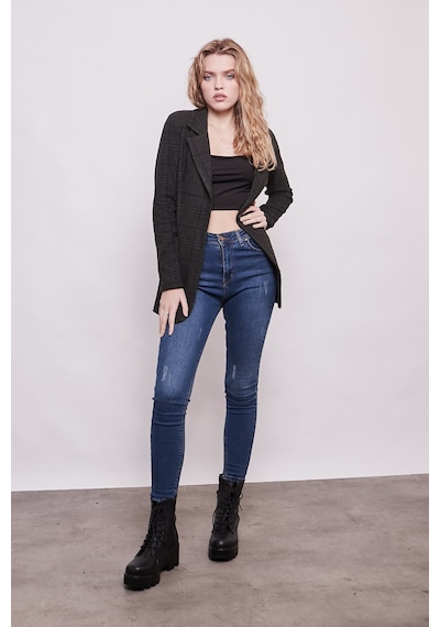 Ekose Desenli Yakalı Uzun Kol Tek Düğme Yünlü Kumaş Blazer Ceket-haki Desen Haki D.