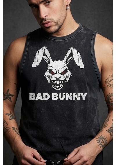 Technomonkey Siyah Erkek Pamuklu Antrenman Sporcu Atleti Oversize Yıkamalı Bad Bunny Baskılı Kolsuz T-shirt