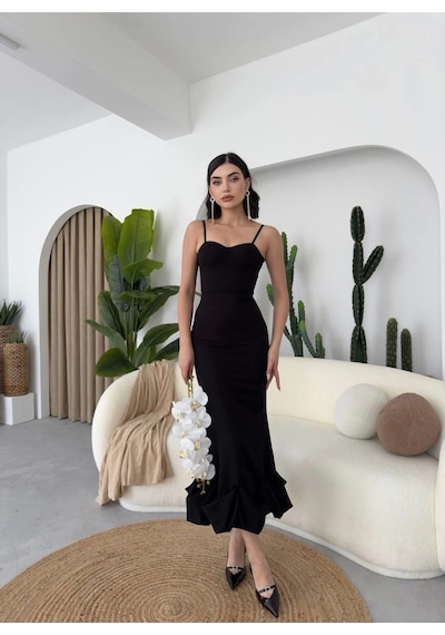 Defymoda Dominic Eteği Büzgülü Midi Boy Elbise Siyah