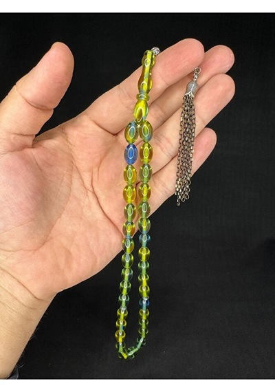 Sevgiliye Özel Hediye Toz Kehribar Tesbih Yeşil-mavi Renkli Arpa Kesim 12mmx8mm H-1665.