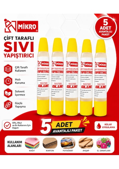 Mikro Çift Taraflı Sıvı Yapıştırıcı 5 Adet Güçlü Yapışma Hızlı Kuruyan Kağıt Karton Ahşap Tutkalı