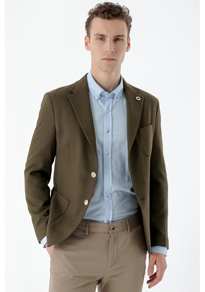 Morven Erkek Haki Dokuma Slim Fit Torba Cep Mono Yaka Spor Ceket Haki