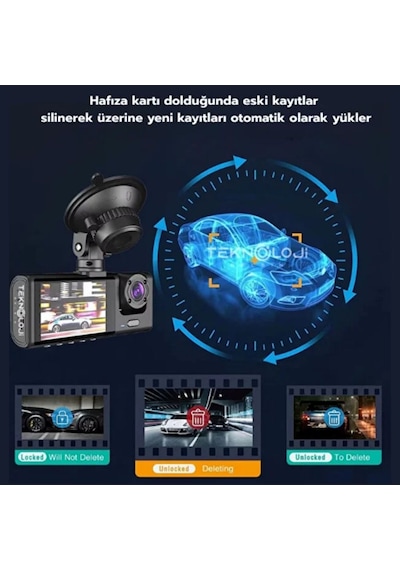 Schitec Trafik Kaydedici Dikiz Aynası Üç Kameralı 170 Geniş Açı Full Hd 1080p Araç İçi Kamera C309