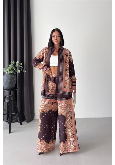 Neşeli Butik Kadın Kahverengi Desenli Gömlek Ve Bol Paça Pantolon İkili Tasarım Takım Nbms26121