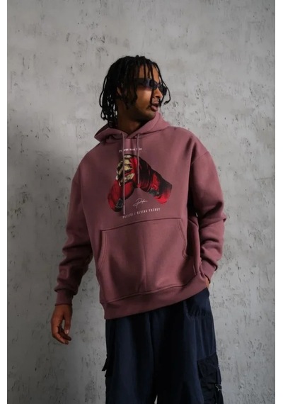 Veraura Lifestyle Erkek Eldiven Baskılı Kapüşonlu Sweat - Gül Kurusu Gülkurusu