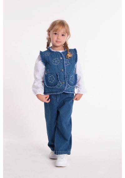 Le Petit Sole Kız Çocuk Yelek Gömlek Pantolon 3'lü Denim Takım Mavi