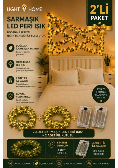 2 Adet Yapay Sarmaşık Led Işık Dekoratif Işıklı Sarmaşık Led Oda Duvar Yatak Odası Parti Yılbaşı Dekoru Her Biri 5 Metre 50 Led Sarı