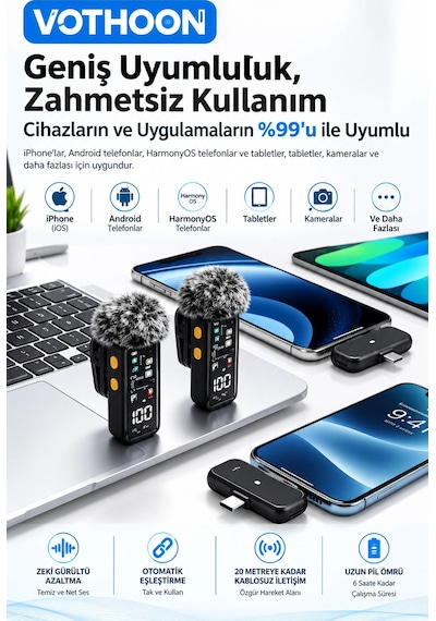 Yüksek Kalite Kablosuz Yaka Mikrofonu Type-c Lightning Uyumlu Profesyonel Anc Özellikli