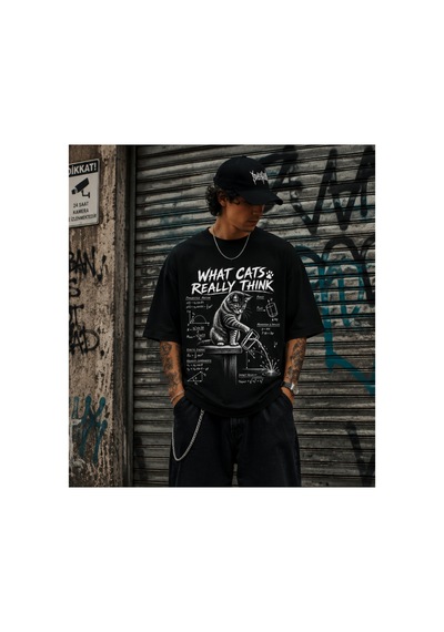 Qmen Style Unisex Siyah Oversize Baskılı T-shirt Uzman Kedi R %100 Pamuk